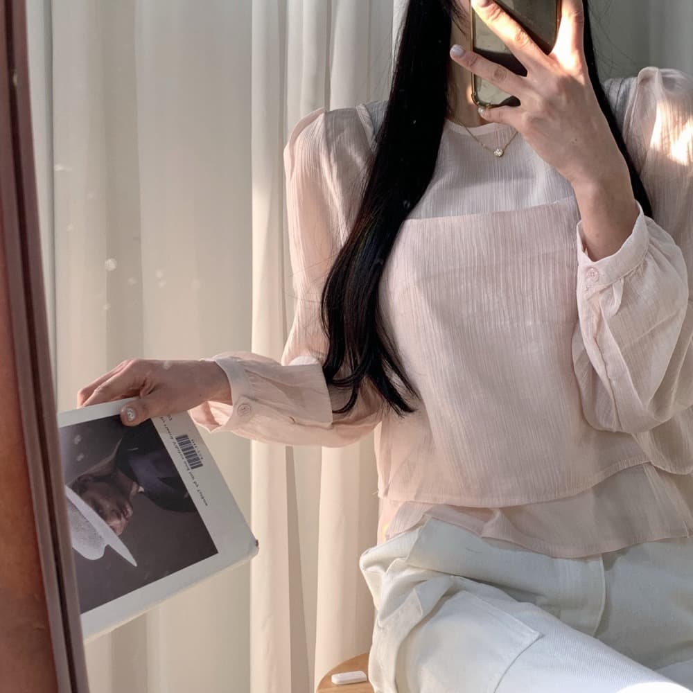 한국 chic 작은 대중 한국 스타일 마이크로 ~을 통해 작은 셔츠 캐미솔 고유 한 긴팔 맨위 두 조각 여성 세트 상세 이미지 9