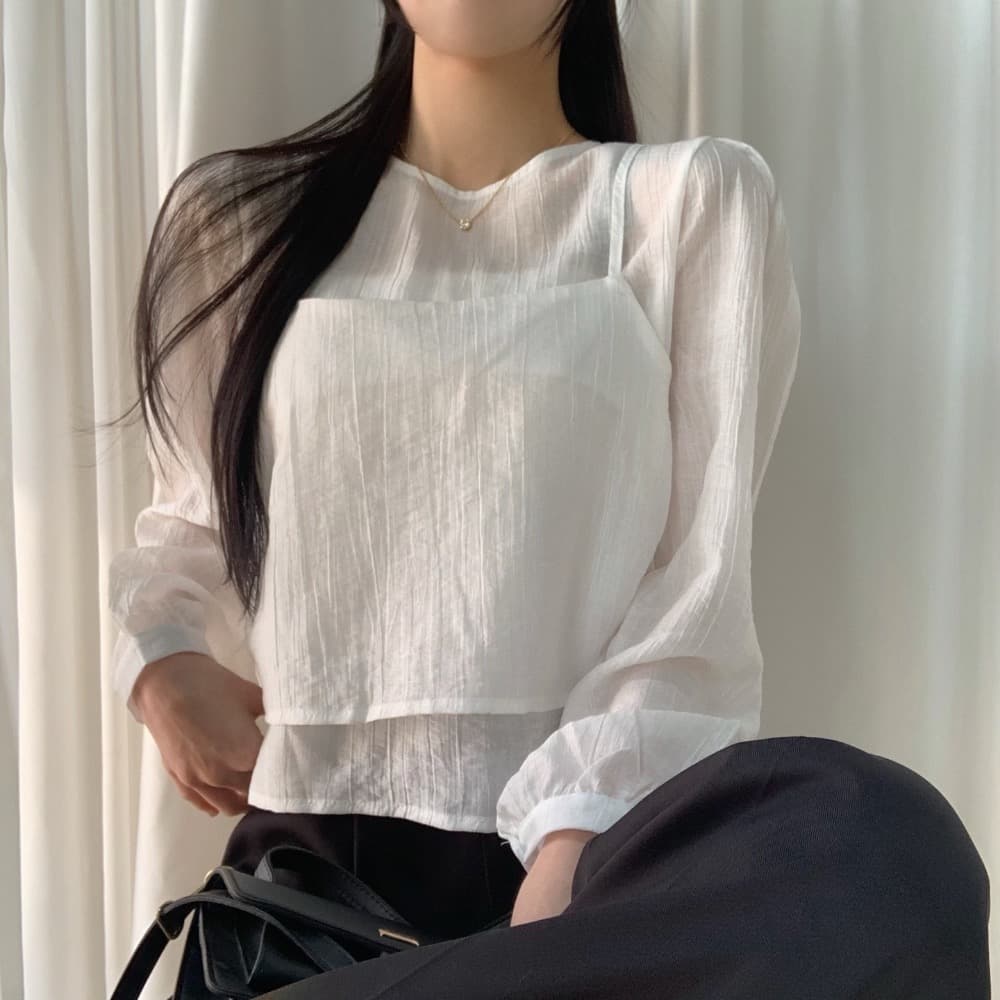한국 chic 작은 대중 한국 스타일 마이크로 ~을 통해 작은 셔츠 캐미솔 고유 한 긴팔 맨위 두 조각 여성 세트 상세 이미지 23