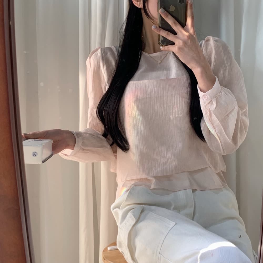 한국 chic 작은 대중 한국 스타일 마이크로 ~을 통해 작은 셔츠 캐미솔 고유 한 긴팔 맨위 두 조각 여성 세트 상세 이미지 30