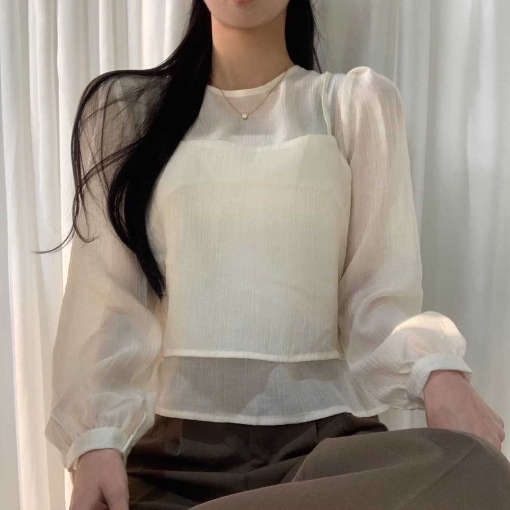 한국 chic 작은 대중 한국 스타일 마이크로 ~을 통해 작은 셔츠 캐미솔 고유 한 긴팔 맨위 두 조각 여성 세트 상세 이미지 33