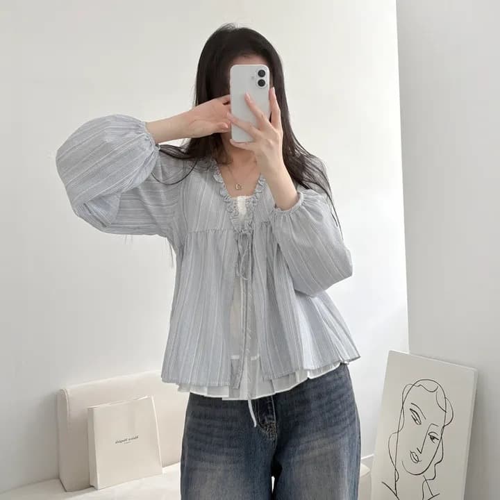 재고 있음 한국 chic 이른 가을 캐주얼 루즈핏 인형 셔츠 페이크 레이어드 레이스 레이스 업 셔츠 맨위 상세 이미지 4