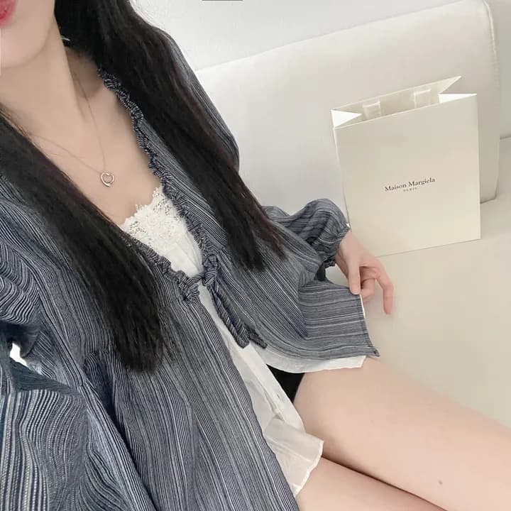 재고 있음 한국 chic 이른 가을 캐주얼 루즈핏 인형 셔츠 페이크 레이어드 레이스 레이스 업 셔츠 맨위 상세 이미지 18