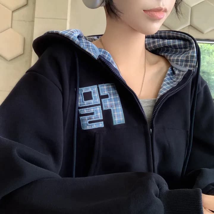 있음 창고 가을 무거운 작업 자수 알파벳 레트로 체크무늬 지퍼 후드 카디건 코트 상세 이미지 4
