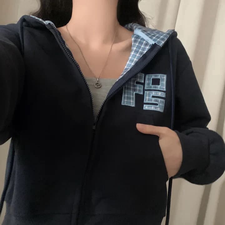 있음 창고 가을 무거운 작업 자수 알파벳 레트로 체크무늬 지퍼 후드 카디건 코트 상세 이미지 6