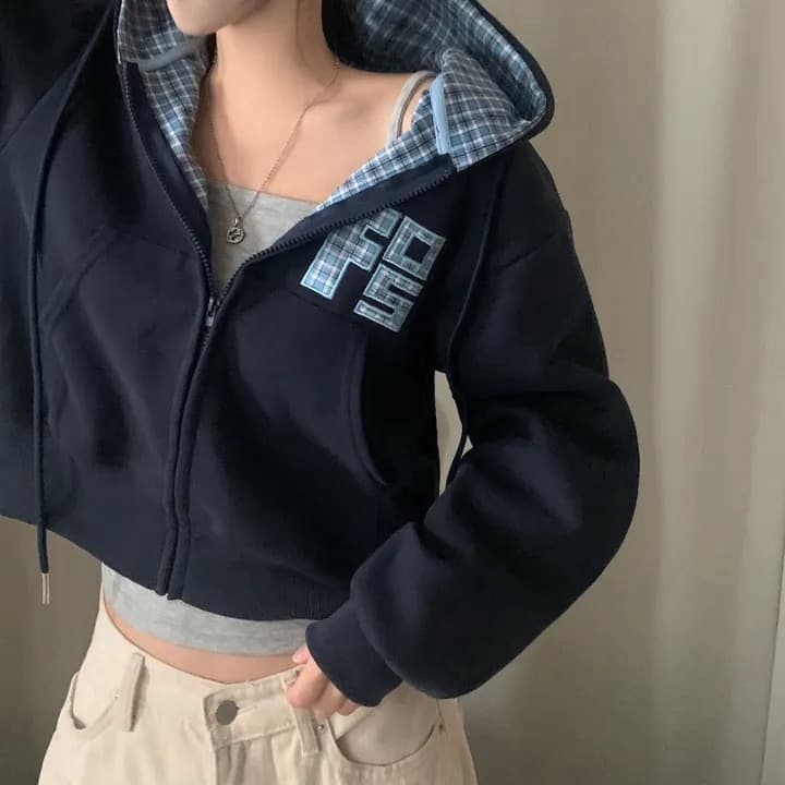있음 창고 가을 무거운 작업 자수 알파벳 레트로 체크무늬 지퍼 후드 카디건 코트 상세 이미지 8