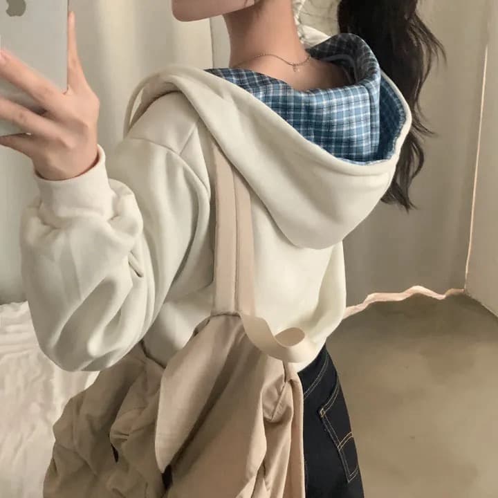 있음 창고 가을 무거운 작업 자수 알파벳 레트로 체크무늬 지퍼 후드 카디건 코트 상세 이미지 10