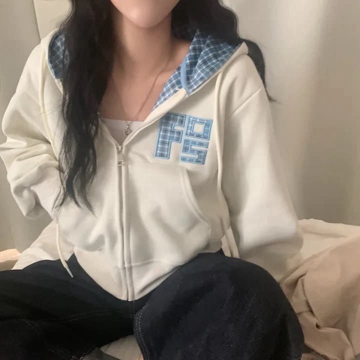 있음 창고 가을 무거운 작업 자수 알파벳 레트로 체크무늬 지퍼 후드 카디건 코트 상세 이미지 11