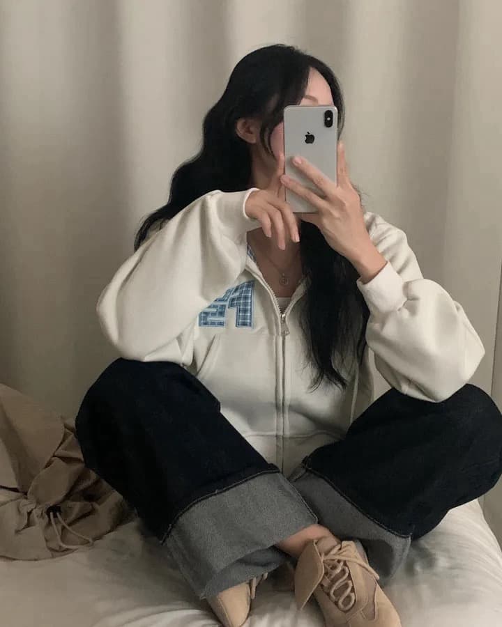 있음 창고 가을 무거운 작업 자수 알파벳 레트로 체크무늬 지퍼 후드 카디건 코트 상세 이미지 12