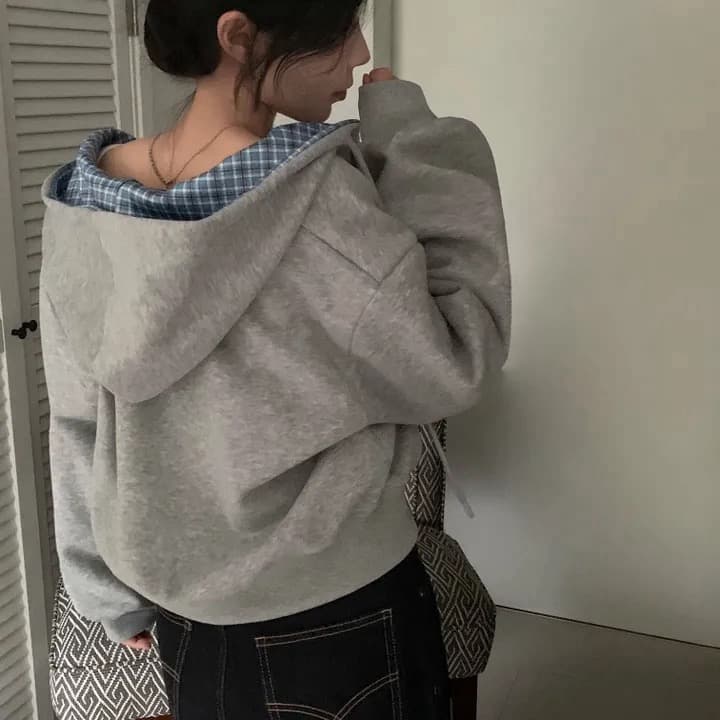 있음 창고 가을 무거운 작업 자수 알파벳 레트로 체크무늬 지퍼 후드 카디건 코트 상세 이미지 13