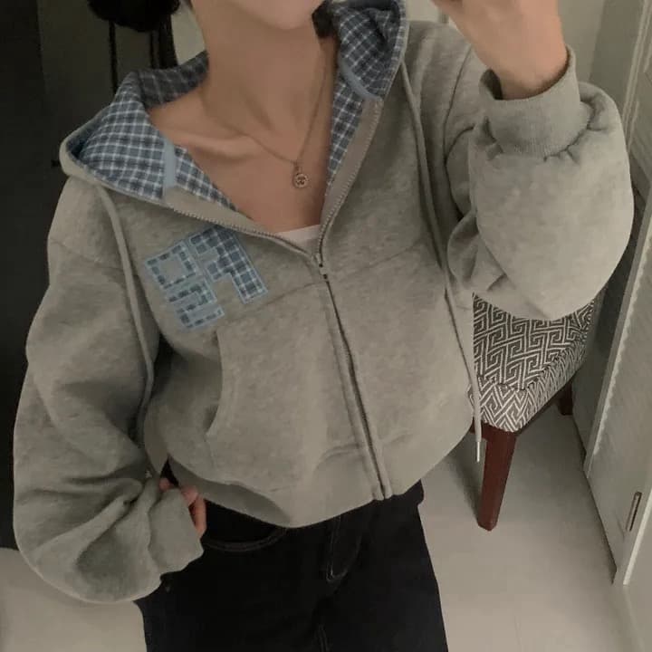 있음 창고 가을 무거운 작업 자수 알파벳 레트로 체크무늬 지퍼 후드 카디건 코트 상세 이미지 18