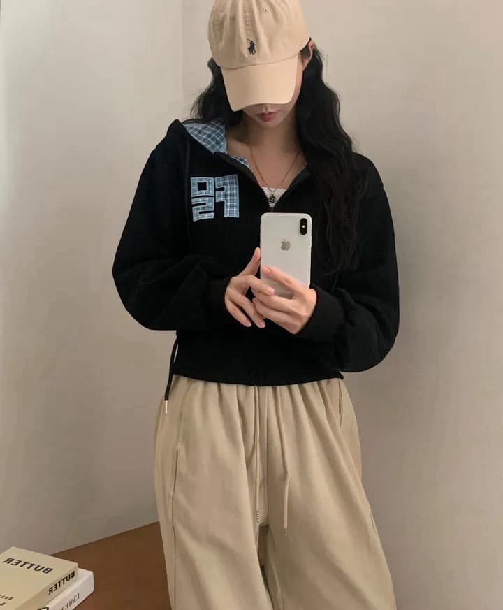 있음 창고 가을 무거운 작업 자수 알파벳 레트로 체크무늬 지퍼 후드 카디건 코트 상세 이미지 19