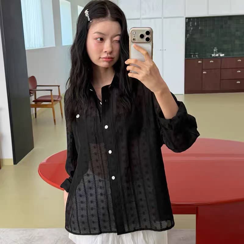 재고 있음 한국 chic 느긋한 바람 루즈핏 홀로우 아웃 자수 셔츠 이미지 2