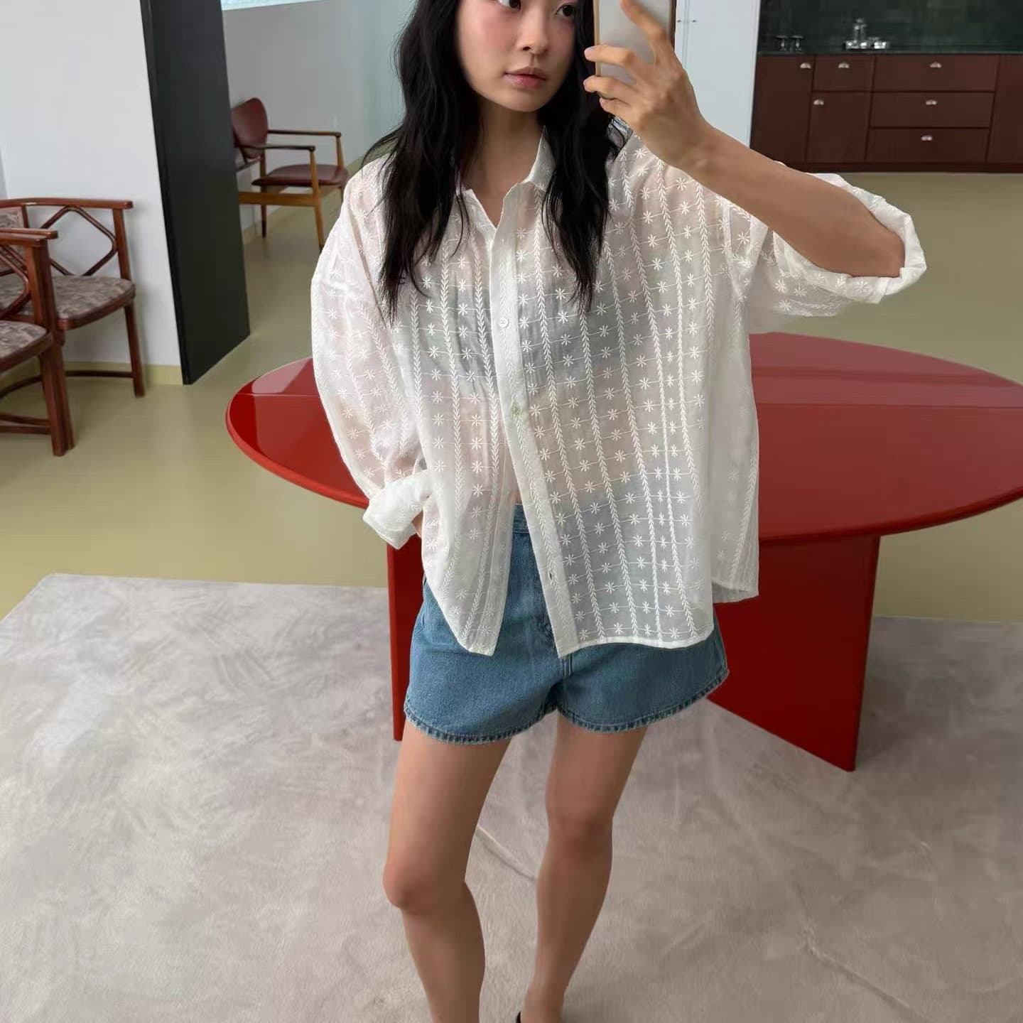 재고 있음 한국 chic 느긋한 바람 루즈핏 홀로우 아웃 자수 셔츠 이미지 4