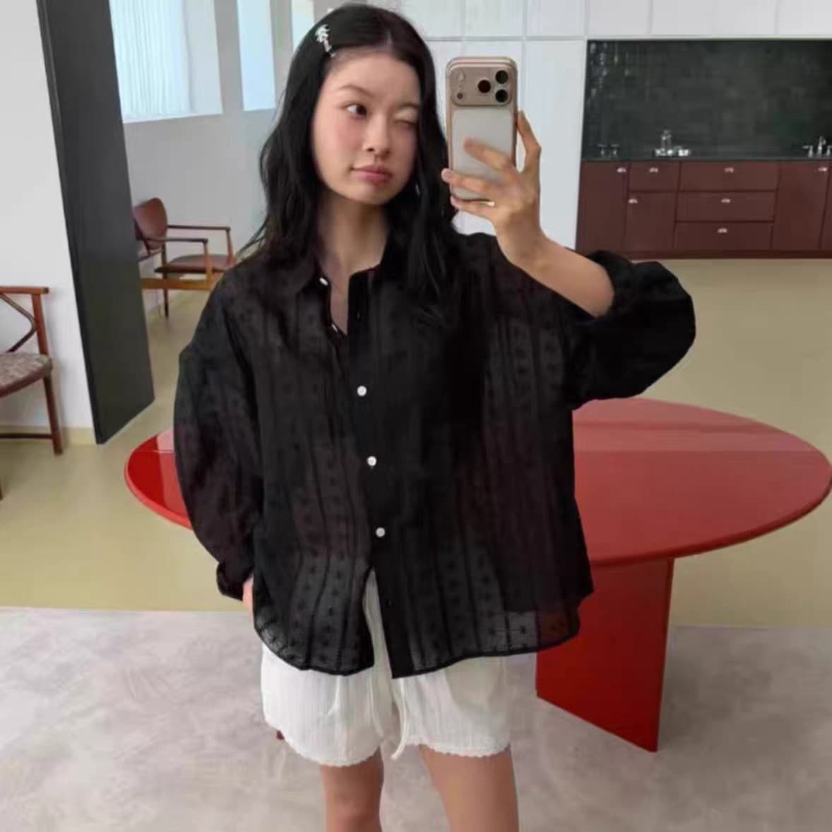 재고 있음 한국 chic 느긋한 바람 루즈핏 홀로우 아웃 자수 셔츠 상세 이미지 3