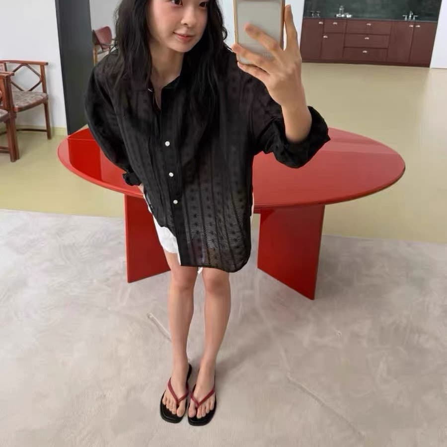 재고 있음 한국 chic 느긋한 바람 루즈핏 홀로우 아웃 자수 셔츠 상세 이미지 18