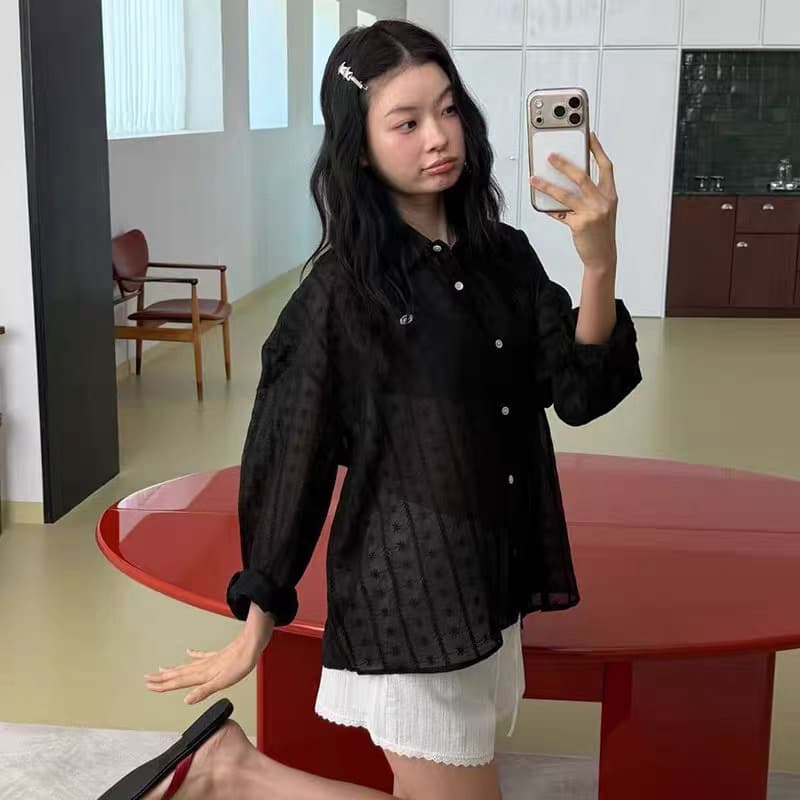 재고 있음 한국 chic 느긋한 바람 루즈핏 홀로우 아웃 자수 셔츠 이미지 3