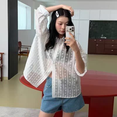 재고 있음 한국 chic 느긋한 바람 루즈핏 홀로우 아웃 자수 셔츠