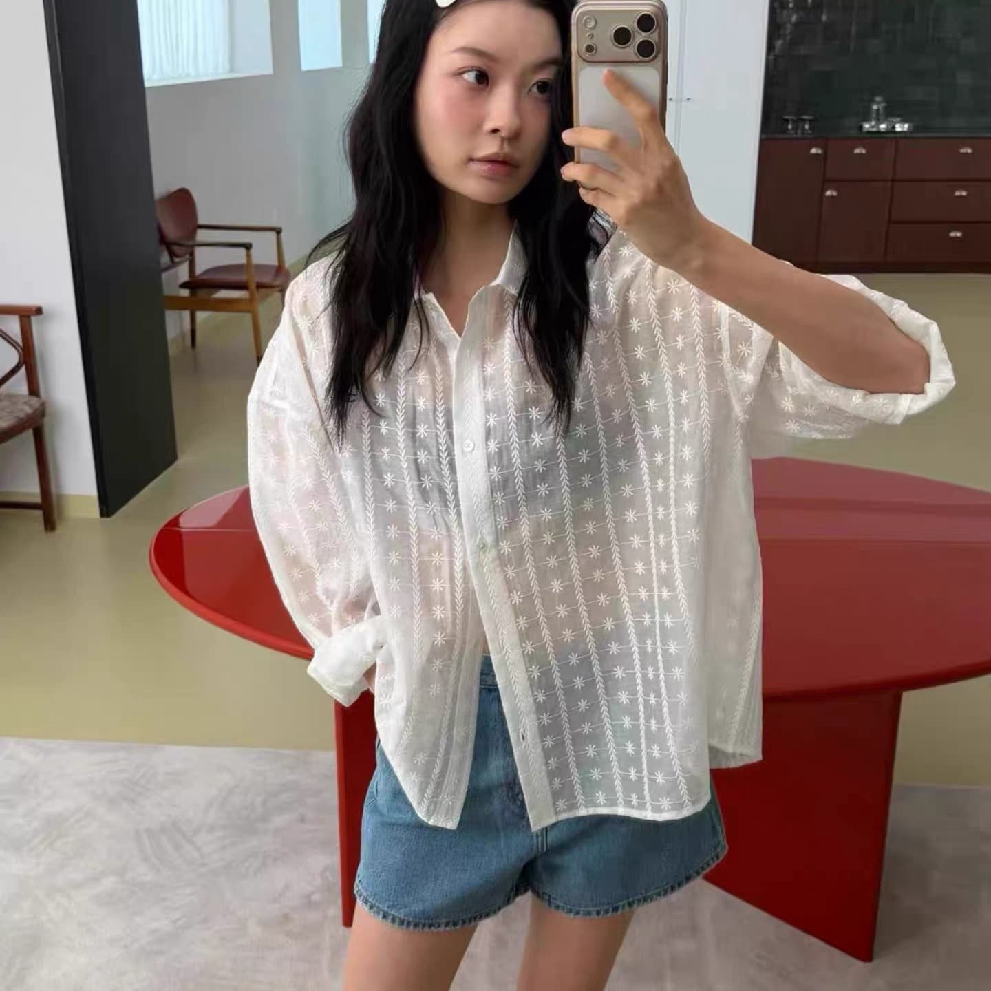 재고 있음 한국 chic 느긋한 바람 루즈핏 홀로우 아웃 자수 셔츠 상세 이미지 13