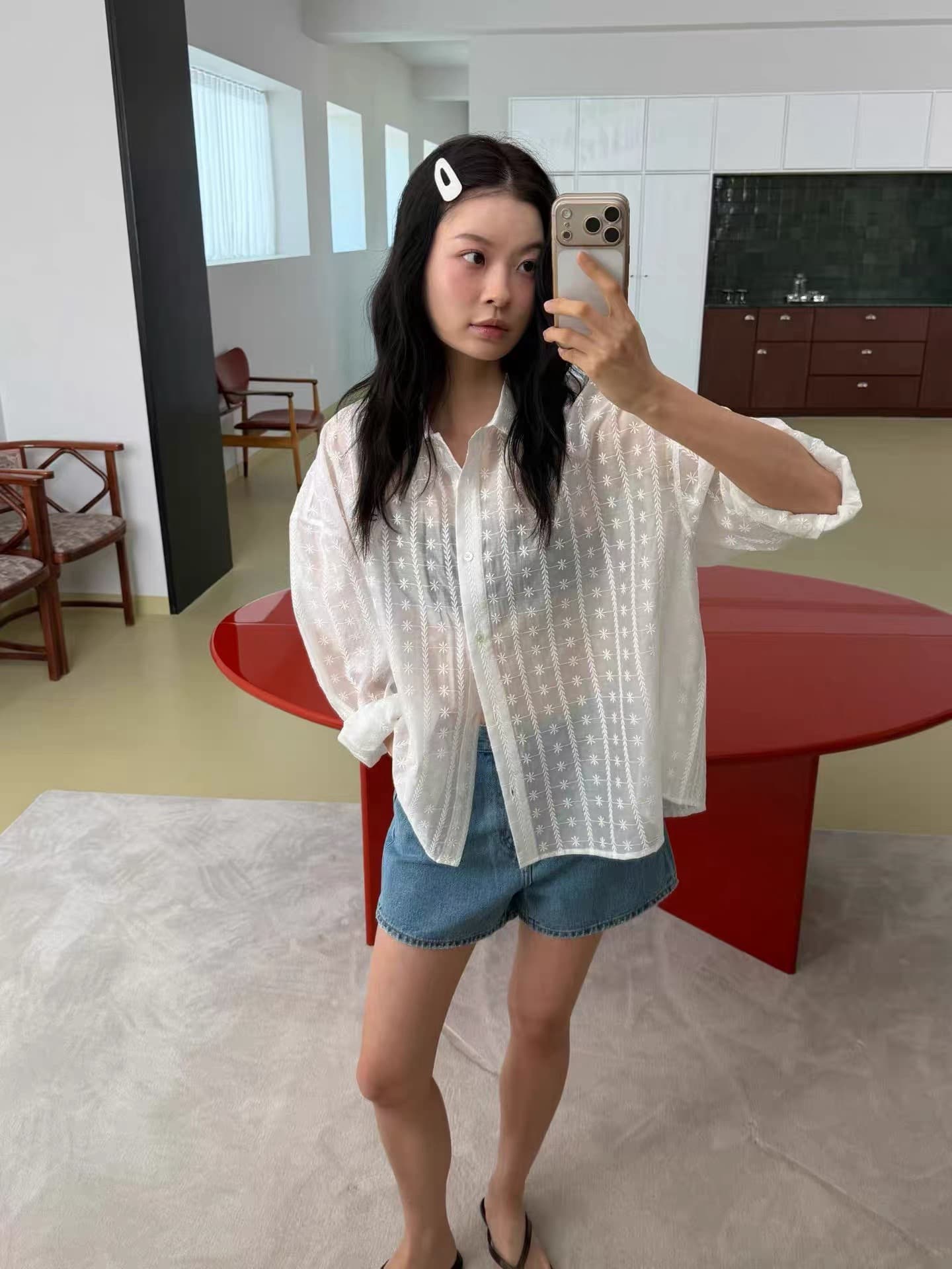 재고 있음 한국 chic 느긋한 바람 루즈핏 홀로우 아웃 자수 셔츠 상세 이미지 17