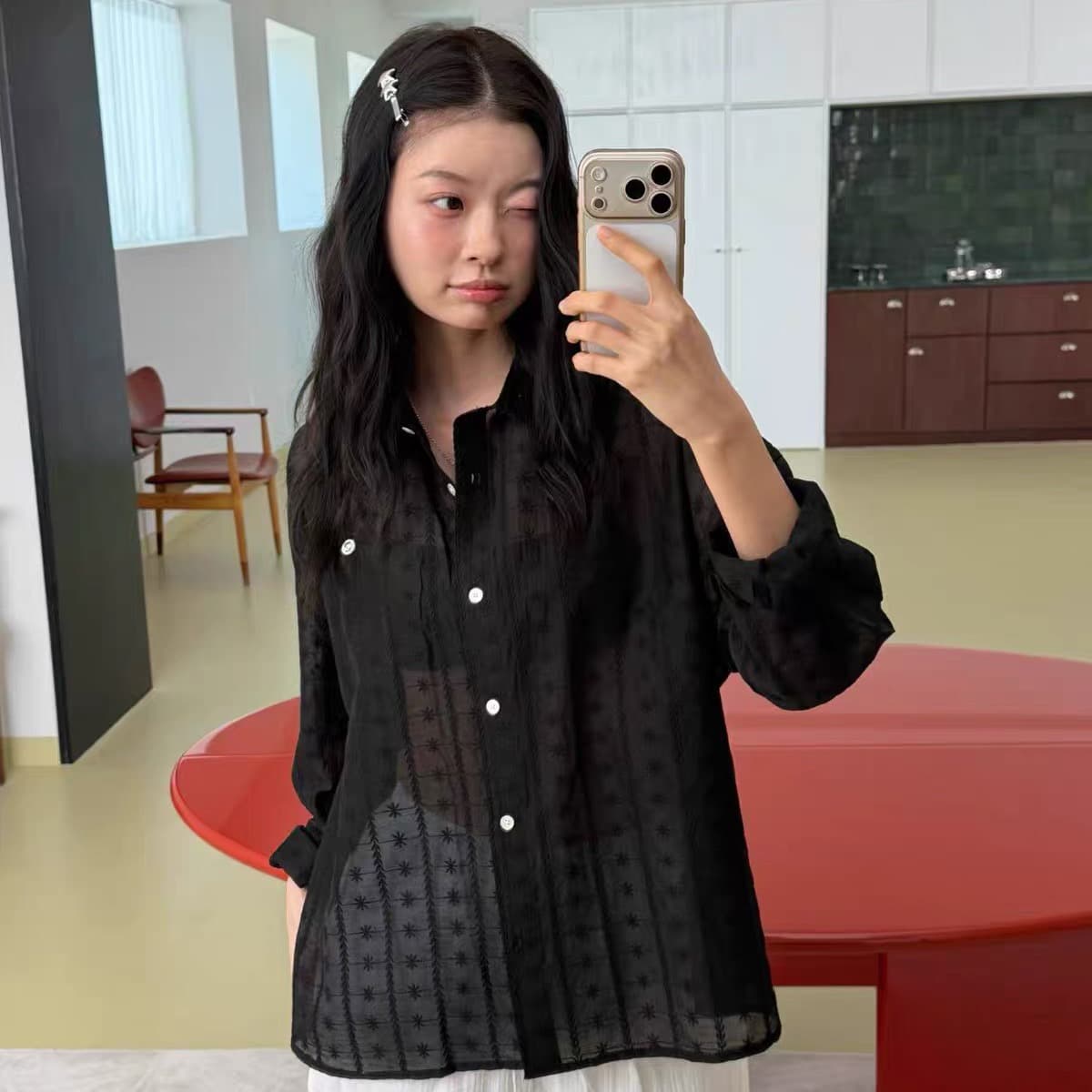 재고 있음 한국 chic 느긋한 바람 루즈핏 홀로우 아웃 자수 셔츠 상세 이미지 19