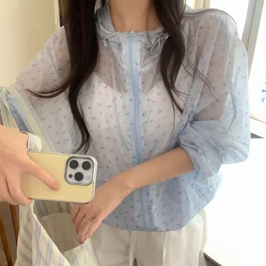 한국 스타일 연령 감소 꽃무늬 얇은 스타일 후드 긴팔 재킷 여성 의류 Chic 루즈핏 지퍼 맨위 이미지 3