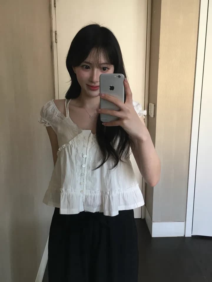 재고 있음 한국 ins 레이스 V넥 프릴 루즈핏 셔츠 이미지 2