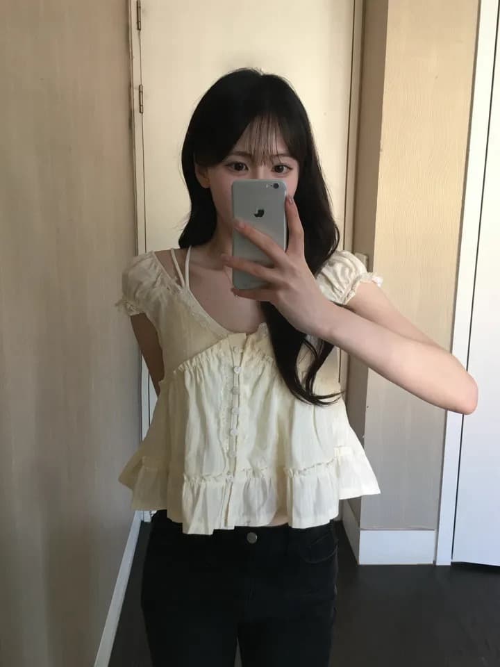 재고 있음 한국 ins 레이스 V넥 프릴 루즈핏 셔츠 상세 이미지 16