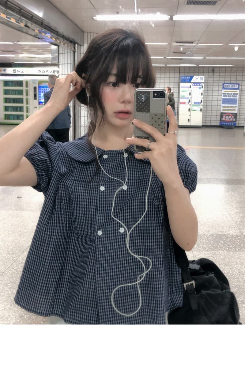 달콤함 소녀 베이비 칼라 반팔 체크무늬 셔츠 이미지 2