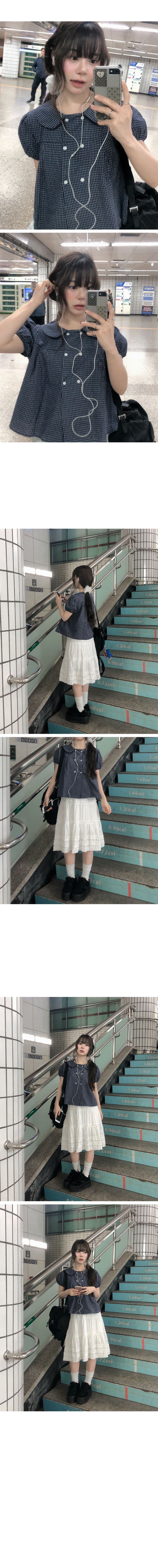 달콤함 소녀 베이비 칼라 반팔 체크무늬 셔츠 상세 이미지 2