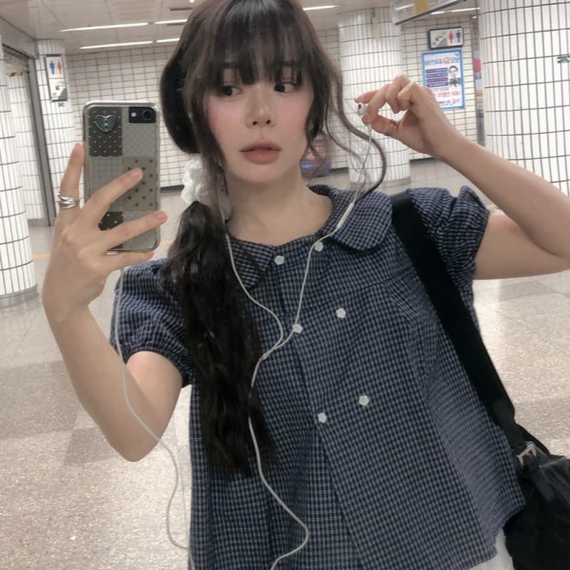 달콤함 소녀 베이비 칼라 반팔 체크무늬 셔츠 상세 이미지 9