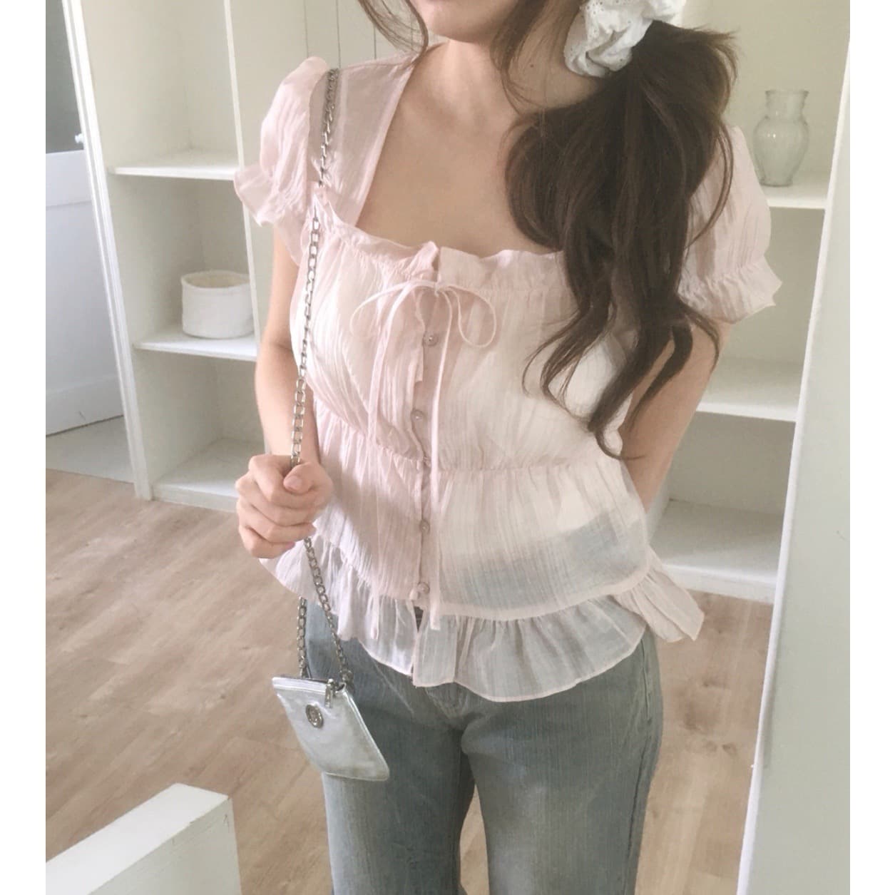 한 부서 작은 대중 프릴 반팔 여성 셔츠 싱글 줄 버튼 스트랩 여름 달콤함 짧은 맨위