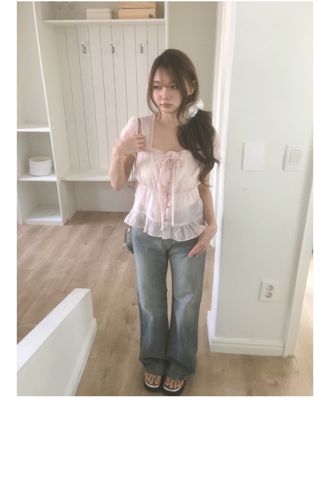 한 부서 작은 대중 프릴 반팔 여성 셔츠 싱글 줄 버튼 스트랩 여름 달콤함 짧은 맨위 상세 이미지 6