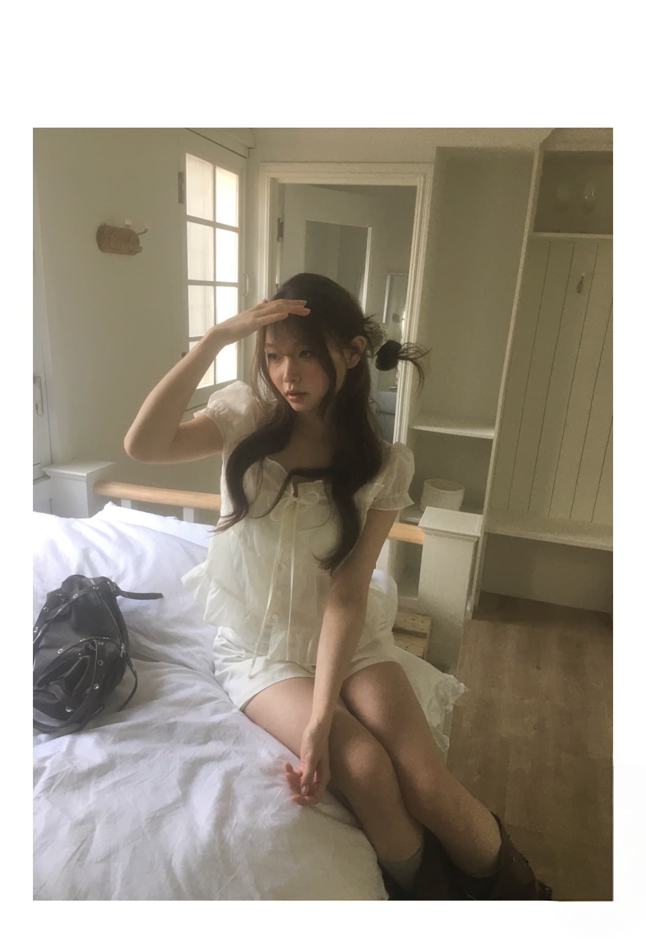한 부서 작은 대중 프릴 반팔 여성 셔츠 싱글 줄 버튼 스트랩 여름 달콤함 짧은 맨위 상세 이미지 13