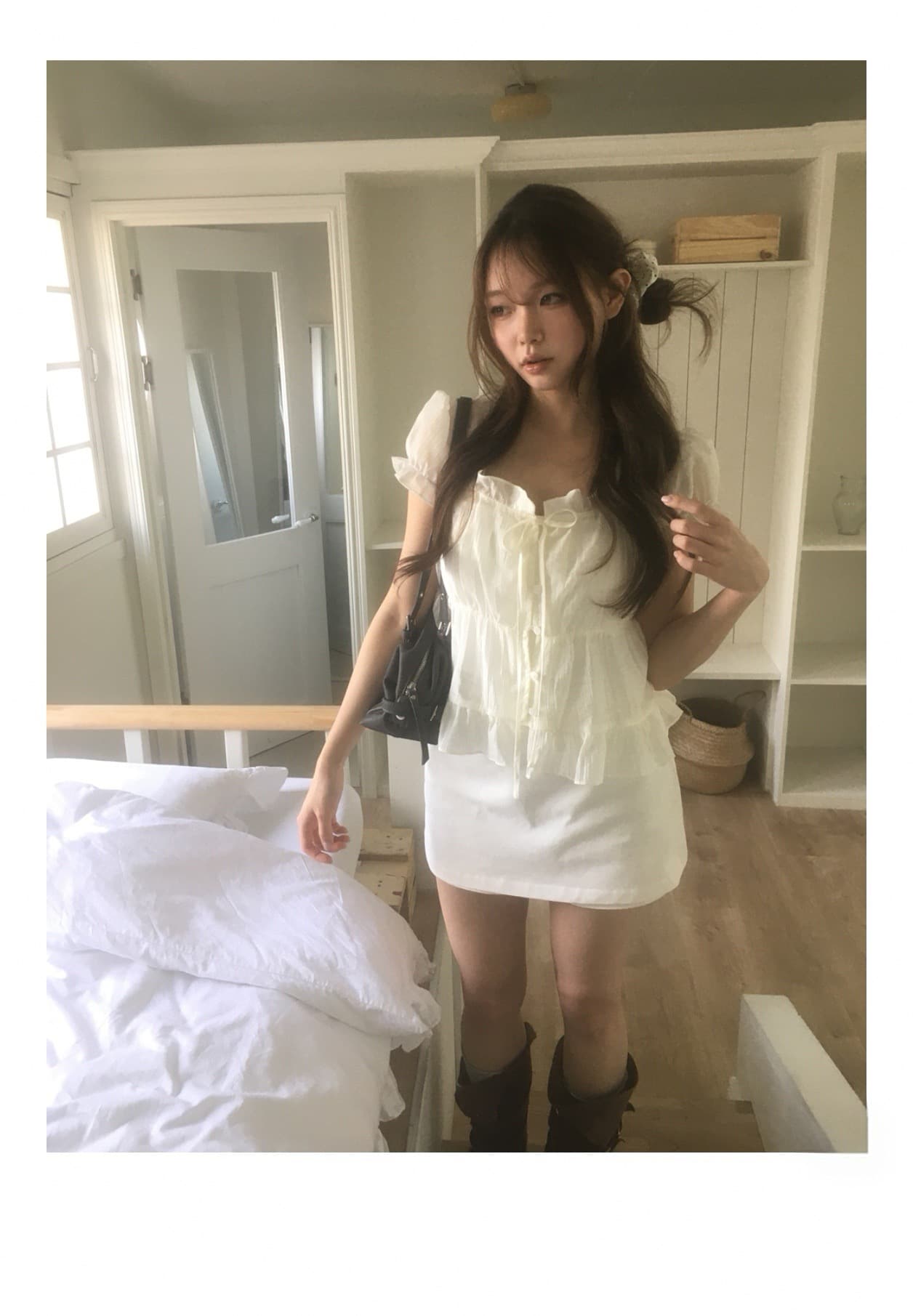한 부서 작은 대중 프릴 반팔 여성 셔츠 싱글 줄 버튼 스트랩 여름 달콤함 짧은 맨위 상세 이미지 15