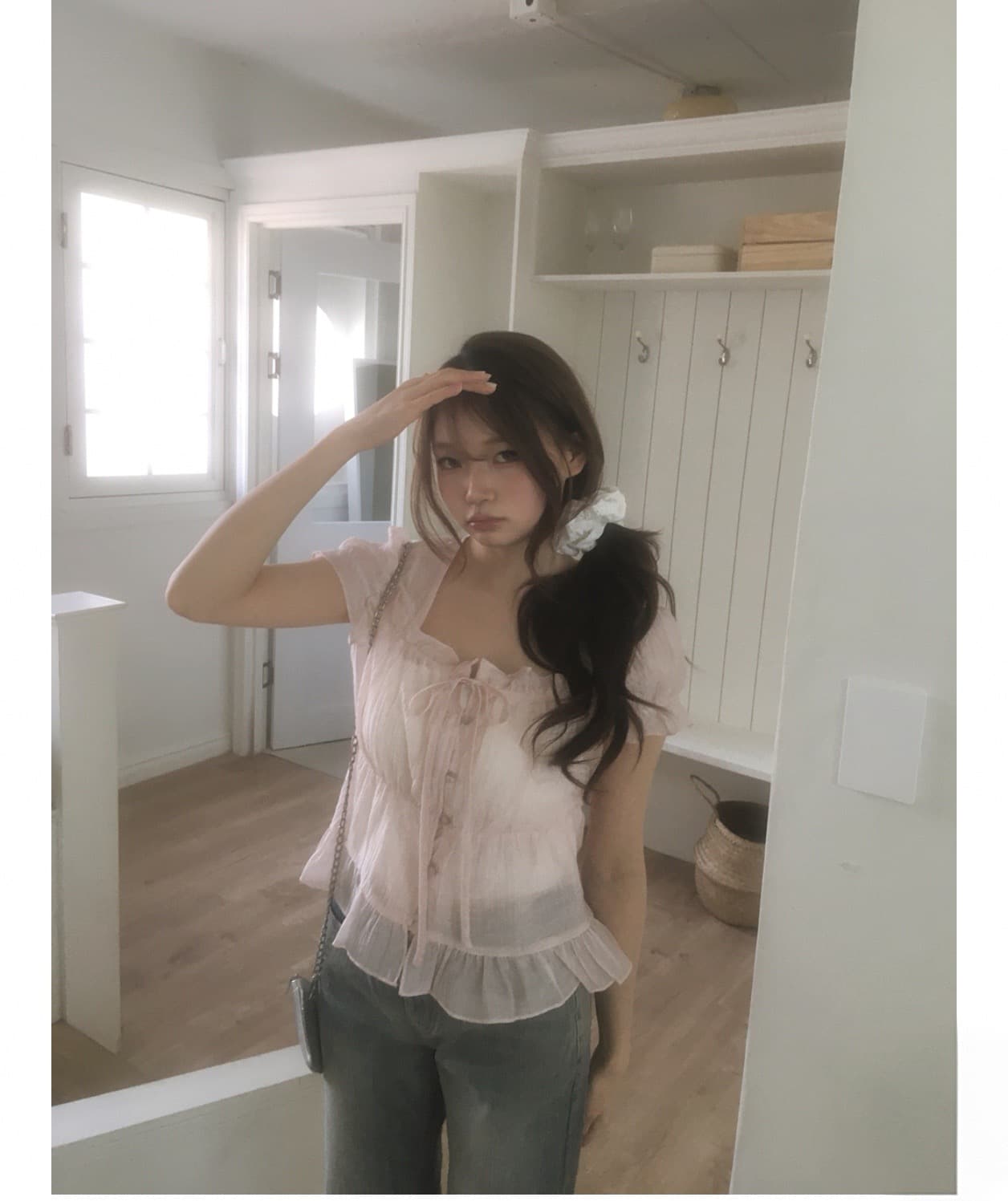 한 부서 작은 대중 프릴 반팔 여성 셔츠 싱글 줄 버튼 스트랩 여름 달콤함 짧은 맨위 상세 이미지 18