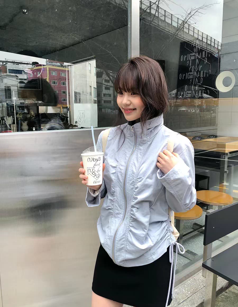 한국 ins 측면 펌프 로프 주름 지퍼 쇼트 스타일 자외선 차단 재킷 이미지 3