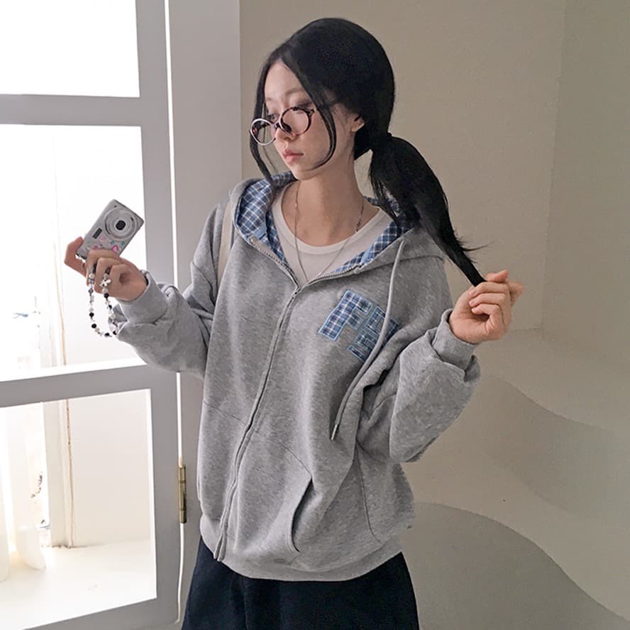 한국 스타일 가을 새로운 무거운 작업 자수 알파벳 레트로 체크무늬 지퍼 후드티 여성 루즈핏 후드 오픈 가디건 여성 코트 이미지 3