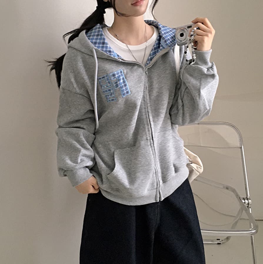 한국 스타일 가을 새로운 무거운 작업 자수 알파벳 레트로 체크무늬 지퍼 후드티 여성 루즈핏 후드 오픈 가디건 여성 코트 상세 이미지 8