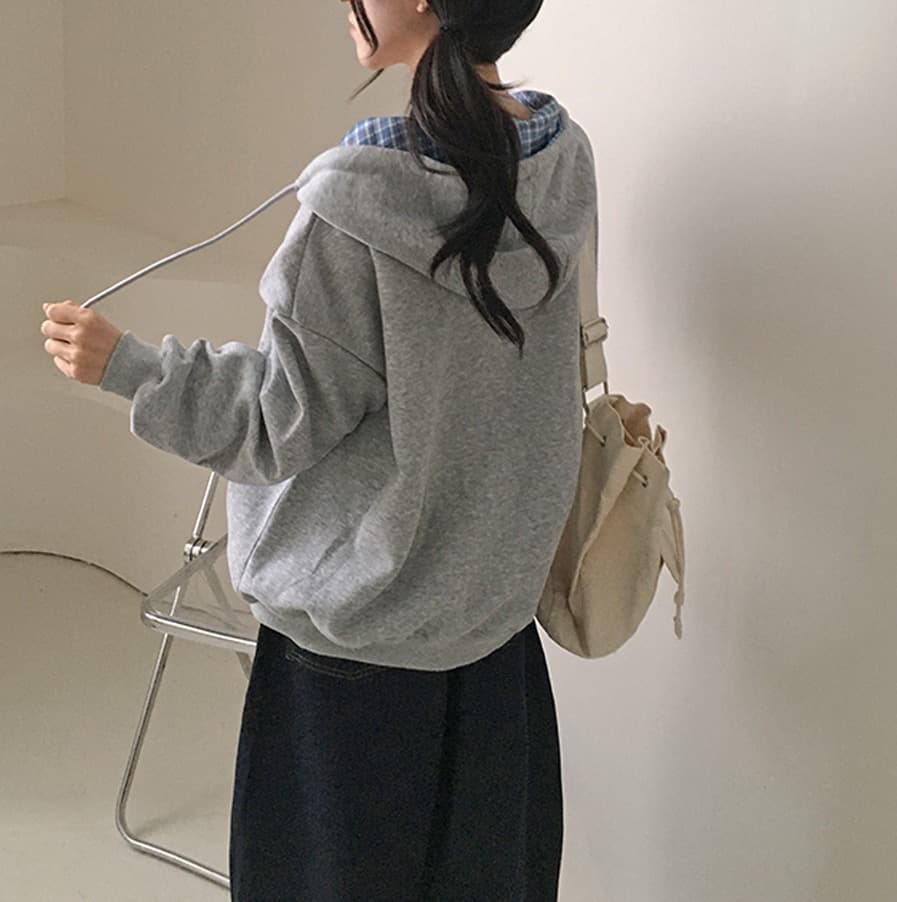 한국 스타일 가을 새로운 무거운 작업 자수 알파벳 레트로 체크무늬 지퍼 후드티 여성 루즈핏 후드 오픈 가디건 여성 코트 상세 이미지 9