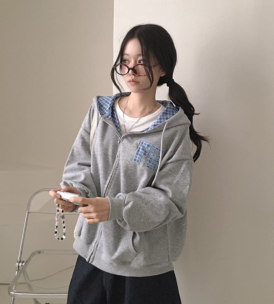 한국 스타일 가을 새로운 무거운 작업 자수 알파벳 레트로 체크무늬 지퍼 후드티 여성 루즈핏 후드 오픈 가디건 여성 코트 상세 이미지 10