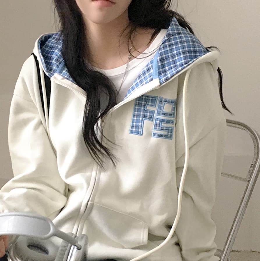 한국 스타일 가을 새로운 무거운 작업 자수 알파벳 레트로 체크무늬 지퍼 후드티 여성 루즈핏 후드 오픈 가디건 여성 코트 상세 이미지 11