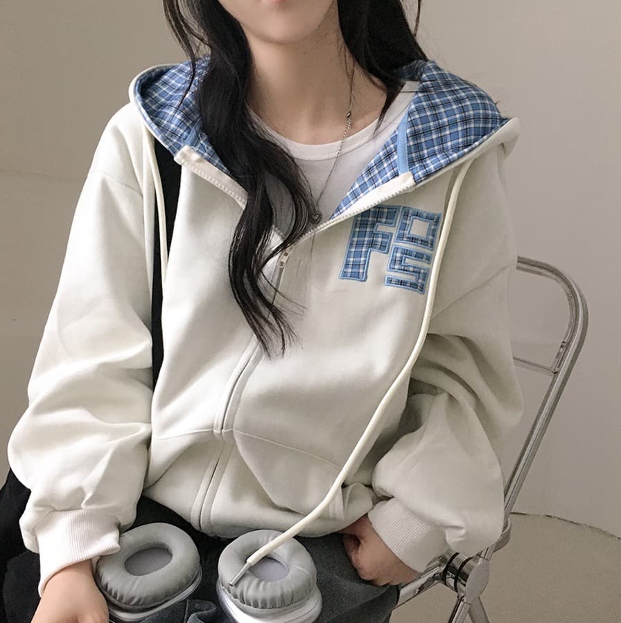 한국 스타일 가을 새로운 무거운 작업 자수 알파벳 레트로 체크무늬 지퍼 후드티 여성 루즈핏 후드 오픈 가디건 여성 코트 상세 이미지 13