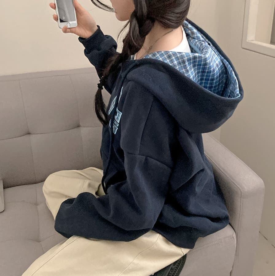 한국 스타일 가을 새로운 무거운 작업 자수 알파벳 레트로 체크무늬 지퍼 후드티 여성 루즈핏 후드 오픈 가디건 여성 코트 상세 이미지 15