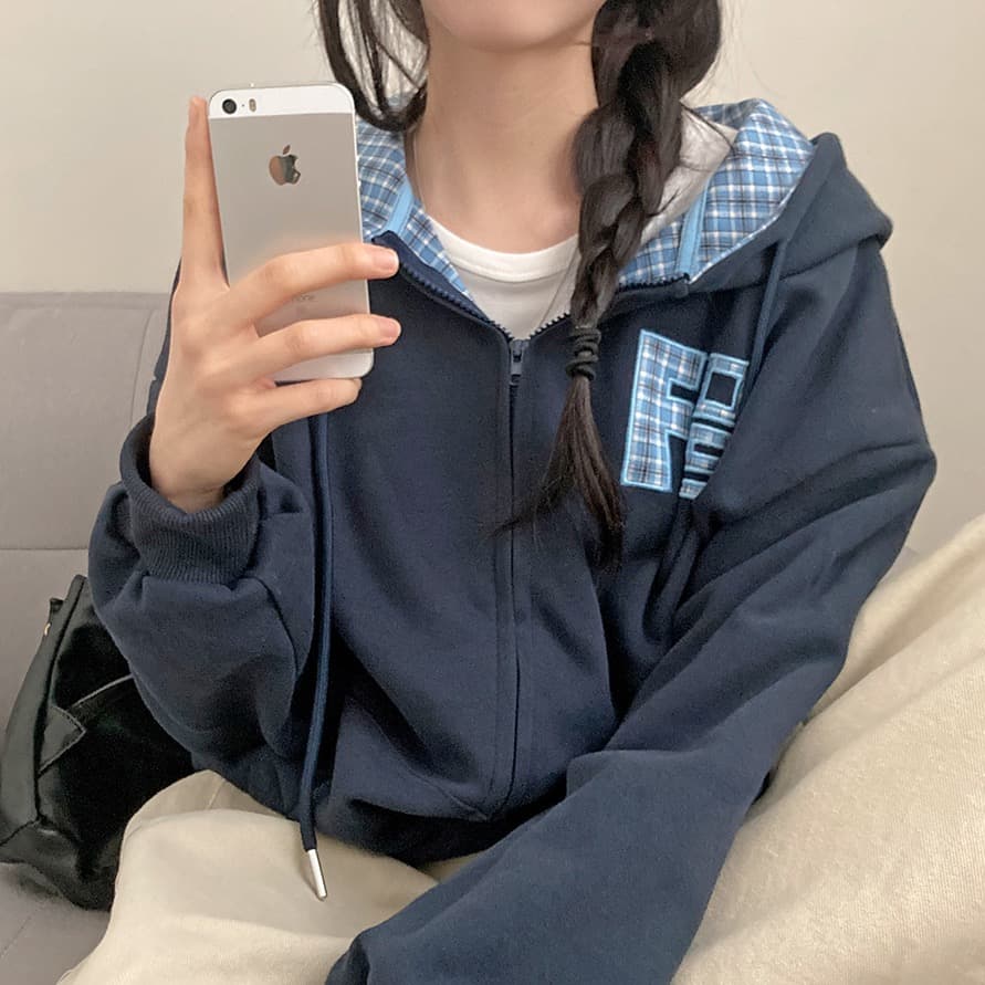 한국 스타일 가을 새로운 무거운 작업 자수 알파벳 레트로 체크무늬 지퍼 후드티 여성 루즈핏 후드 오픈 가디건 여성 코트 상세 이미지 17