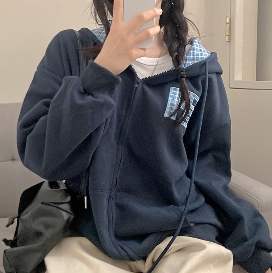 한국 스타일 가을 새로운 무거운 작업 자수 알파벳 레트로 체크무늬 지퍼 후드티 여성 루즈핏 후드 오픈 가디건 여성 코트 상세 이미지 18