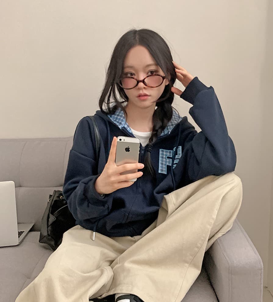 한국 스타일 가을 새로운 무거운 작업 자수 알파벳 레트로 체크무늬 지퍼 후드티 여성 루즈핏 후드 오픈 가디건 여성 코트 상세 이미지 19