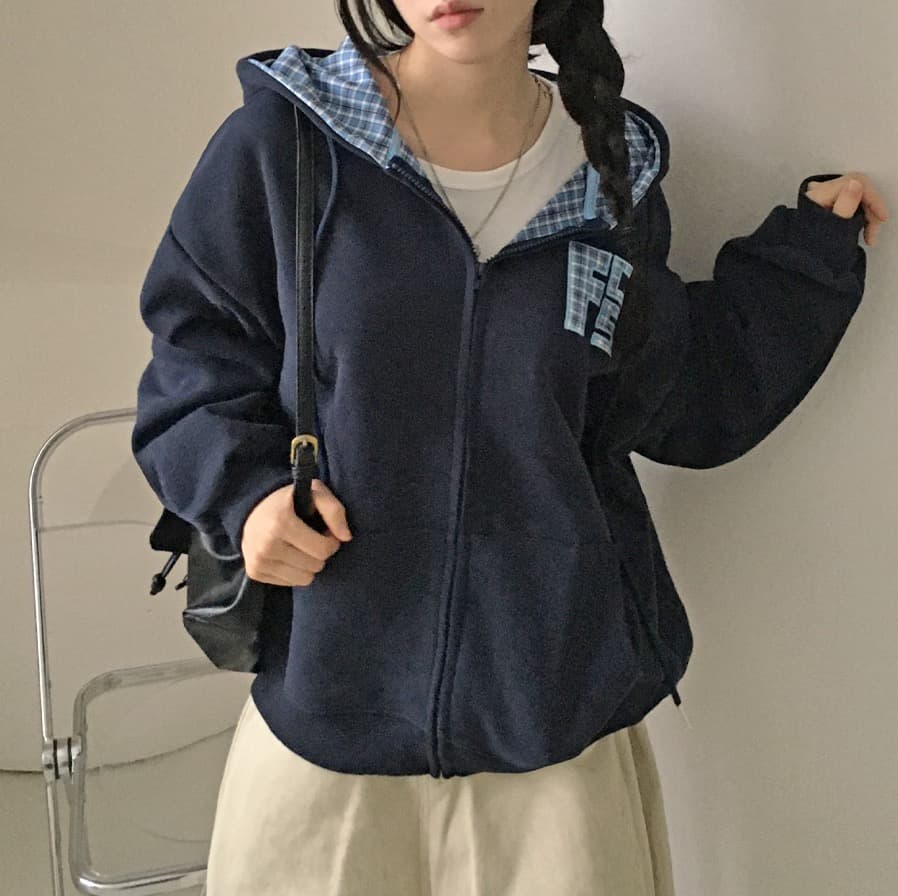 한국 스타일 가을 새로운 무거운 작업 자수 알파벳 레트로 체크무늬 지퍼 후드티 여성 루즈핏 후드 오픈 가디건 여성 코트 상세 이미지 21