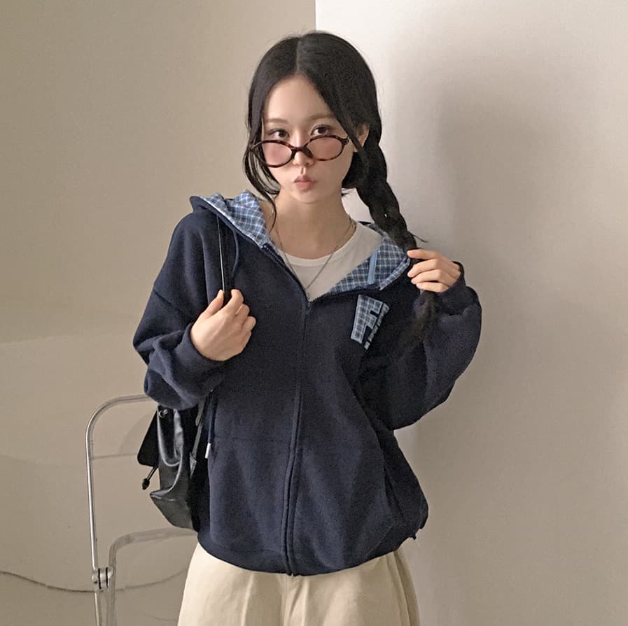 한국 스타일 가을 새로운 무거운 작업 자수 알파벳 레트로 체크무늬 지퍼 후드티 여성 루즈핏 후드 오픈 가디건 여성 코트 상세 이미지 22