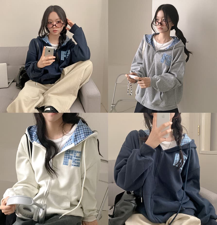 한국 스타일 가을 새로운 무거운 작업 자수 알파벳 레트로 체크무늬 지퍼 후드티 여성 루즈핏 후드 오픈 가디건 여성 코트 상세 이미지 23
