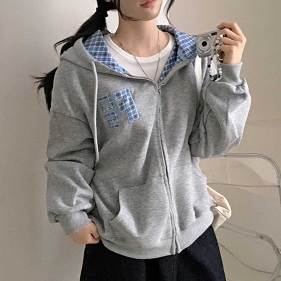 한국 스타일 가을 새로운 무거운 작업 자수 알파벳 레트로 체크무늬 지퍼 후드티 여성 루즈핏 후드 오픈 가디건 여성 코트 상세 이미지 28